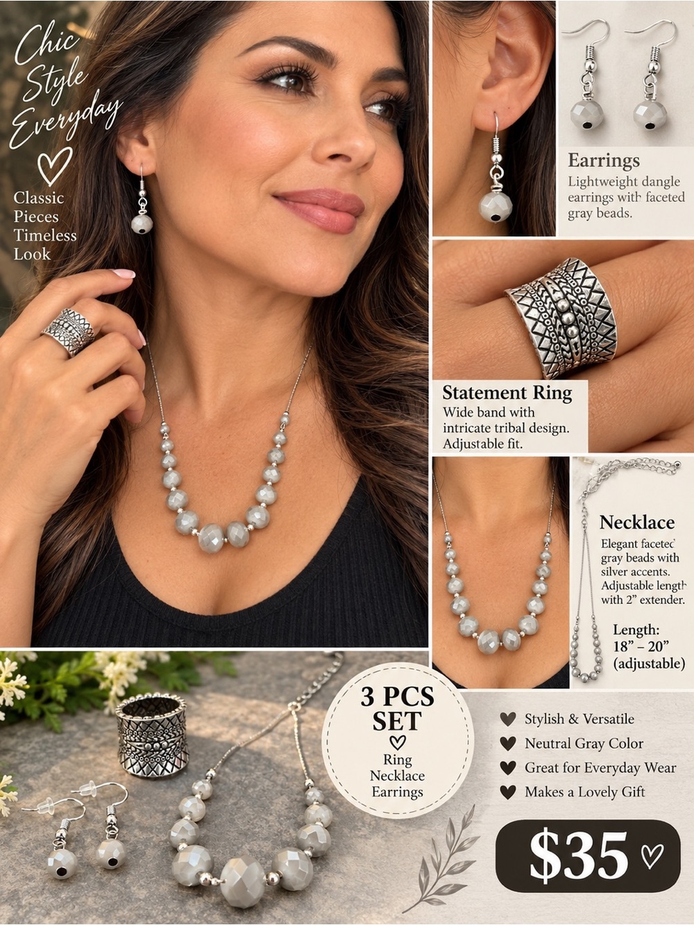 Classic Gray Bead Jewelry Set โ Necklace, Earrings & Statement Ring